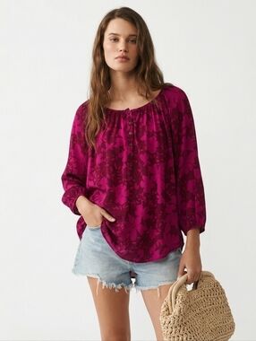 St. John’s Bay Floral Henley Blouse in Magenta and Berry